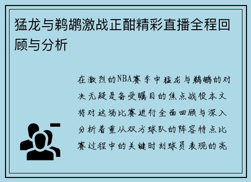猛龙与鹈鹕激战正酣精彩直播全程回顾与分析